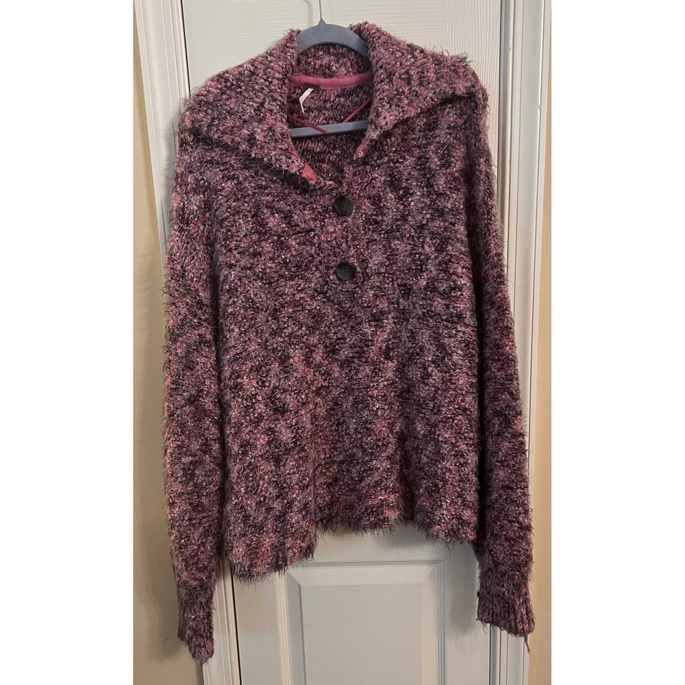 Free People Pink Purple Marled Fuzzy Eyelash Knit Shawl Collar Sweater Large